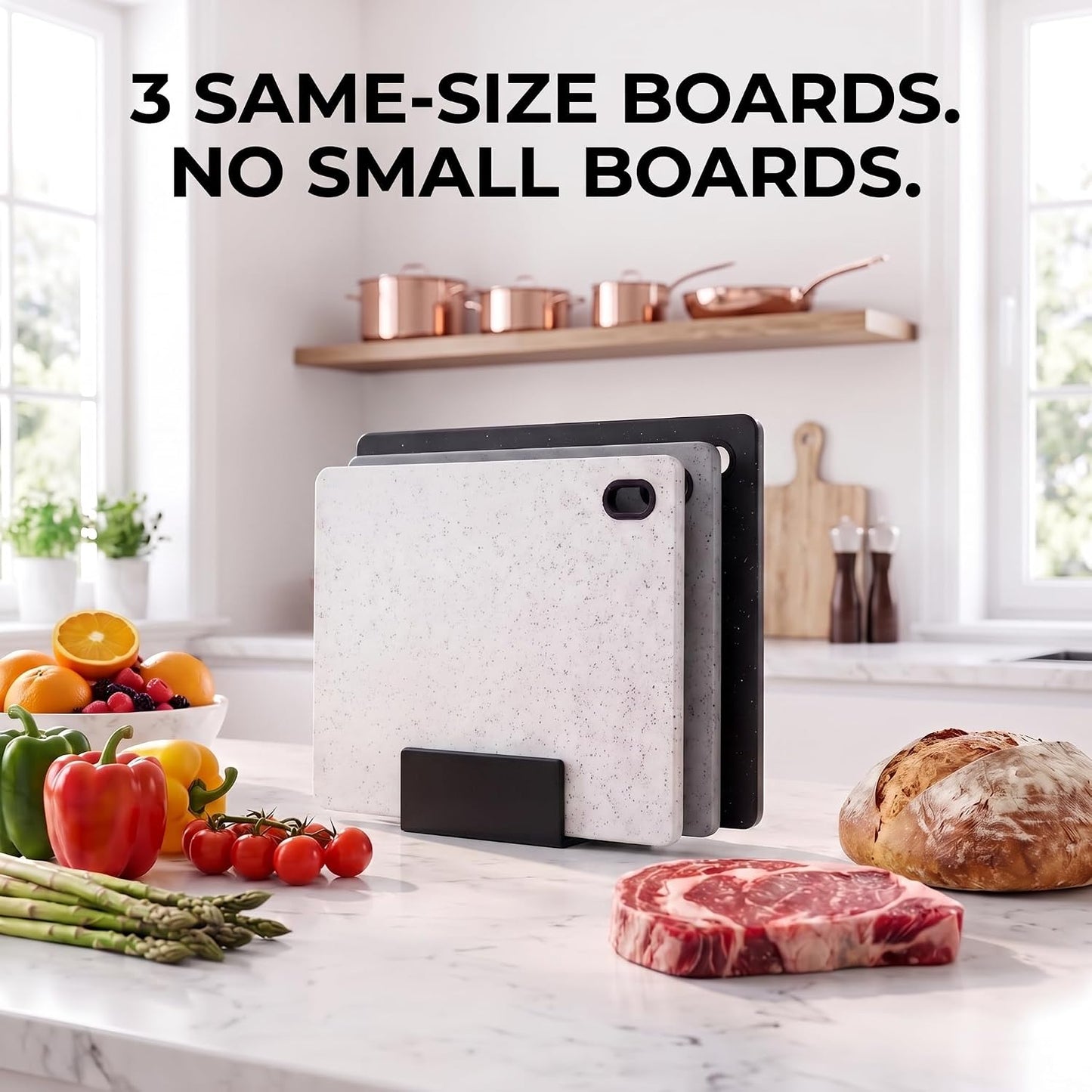 Plastic Cutting Boards Set of 3 with Holder, Stone-Look Color-Coded
