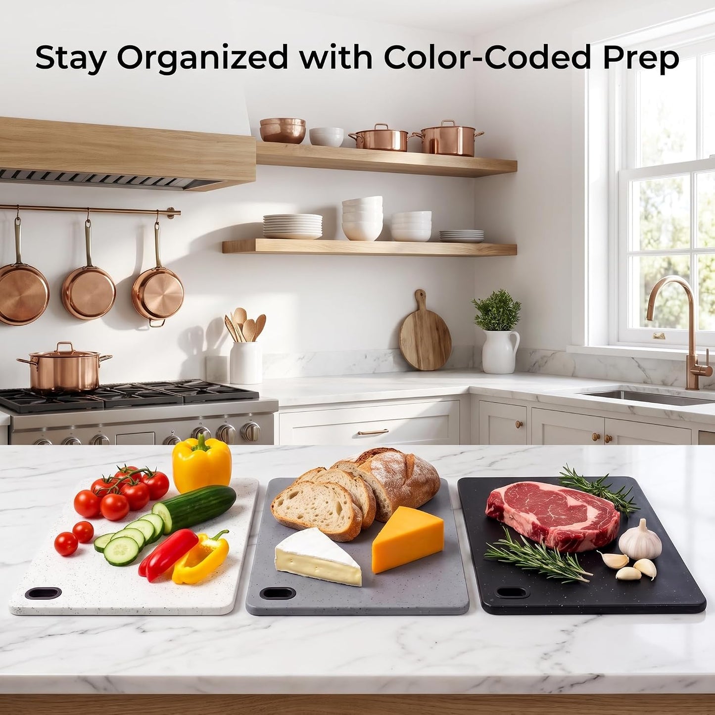 Plastic Cutting Boards Set of 3 with Holder, Stone-Look Color-Coded