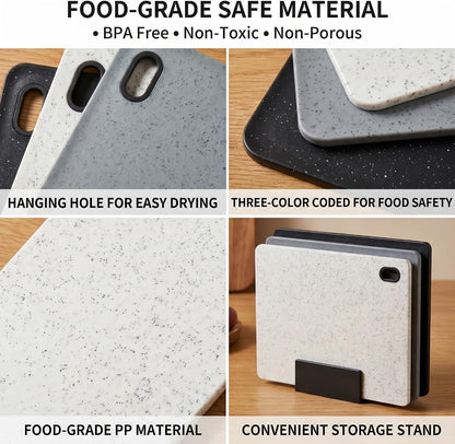 Plastic Cutting Boards Set of 3 with Holder, Stone-Look Color-Coded