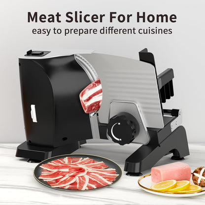 Electric Meat Slicer, 200W Deli Slicer with 2 Stainless Steel 7.5" Blades, 0-18mm Adjustable Thickness, Food Slicer Machine with Food Tray, Towel for Home, Bacon, Bread, Jerky, 110V Ham Slicer