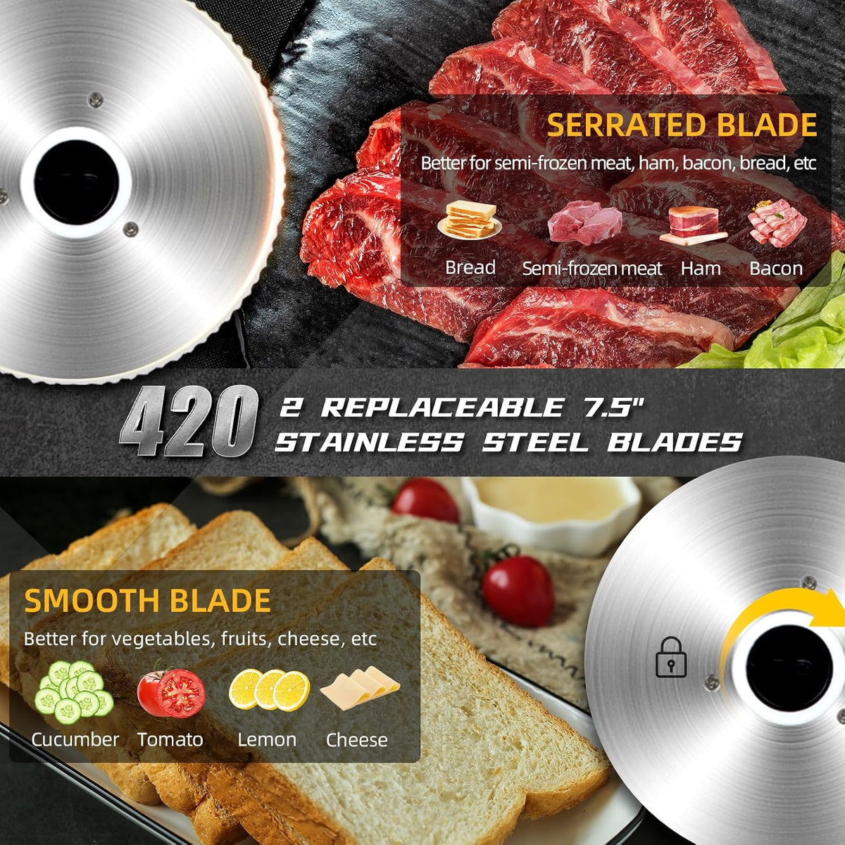 Electric Meat Slicer, 200W Deli Slicer with 2 Stainless Steel 7.5" Blades, 0-18mm Adjustable Thickness, Food Slicer Machine with Food Tray, Towel for Home, Bacon, Bread, Jerky, 110V Ham Slicer