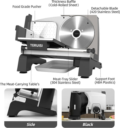 Electric Meat Slicer, 200W Deli Slicer with 2 Stainless Steel 7.5" Blades, 0-18mm Adjustable Thickness, Food Slicer Machine with Food Tray, Towel for Home, Bacon, Bread, Jerky, 110V Ham Slicer