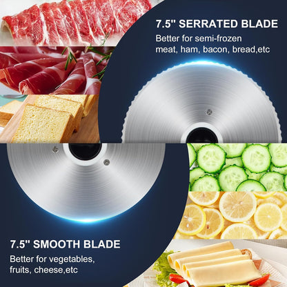Electric Meat Slicer, 200W Deli Slicer with 2 Stainless Steel 7.5" Blades, 0-18mm Adjustable Thickness, Food Slicer Machine with Food Tray, Towel for Home, Bacon, Bread, Jerky, 110V Ham Slicer