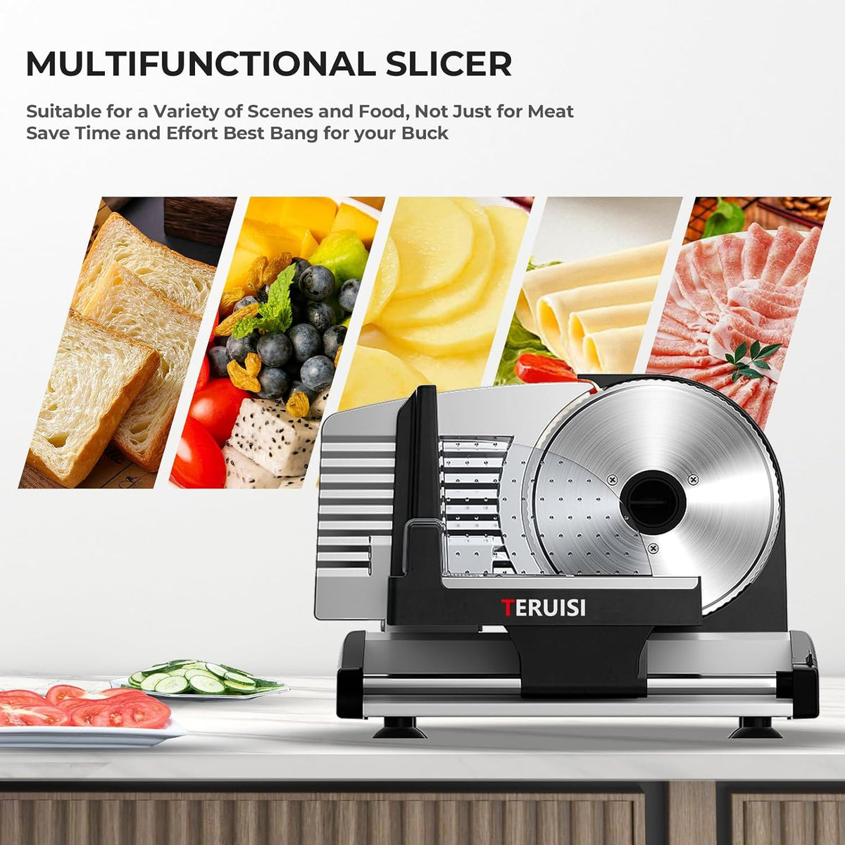 Electric Meat Slicer, 200W Deli Slicer with 2 Stainless Steel 7.5" Blades, 0-18mm Adjustable Thickness, Food Slicer Machine with Food Tray, Towel for Home, Bacon, Bread, Jerky, 110V Ham Slicer