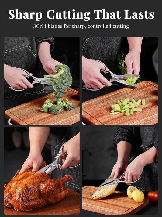 Heavy-Duty Kitchen Scissors Forged from Stainless Steel | All-purpose scissors with 3Cr14 blades, bottle opener, nutcracker and fish scaler; dishwasher safe