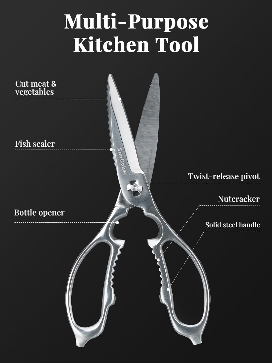 Heavy-Duty Kitchen Scissors Forged from Stainless Steel | All-purpose scissors with 3Cr14 blades, bottle opener, nutcracker and fish scaler; dishwasher safe