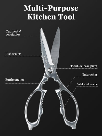 Heavy-Duty Kitchen Scissors Forged from Stainless Steel | All-purpose scissors with 3Cr14 blades, bottle opener, nutcracker and fish scaler; dishwasher safe