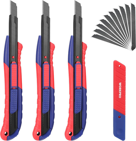 2-In-1 Safety Utility Knife Retractable Snap-off blade, Metal Box Cutter Set, Razor Knife Exacto Craft Knives, with 10 Extra 9mm Blades, Pack of 3
