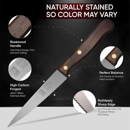 4-Inch Serrated Paring Knife, Brown Rosewood Handle, Full tang Blade