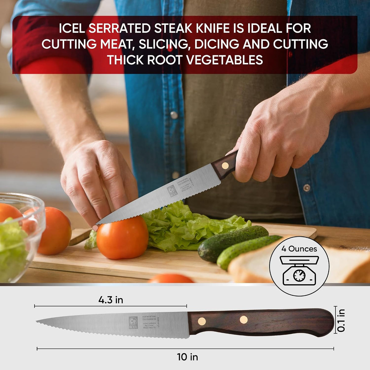 4-Inch Serrated Paring Knife, Brown Rosewood Handle, Full tang Blade
