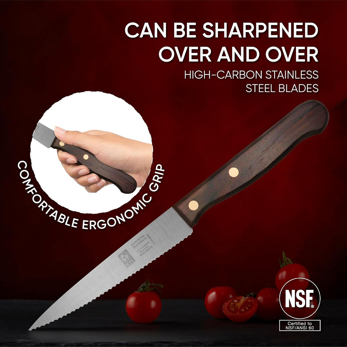 4-Inch Serrated Paring Knife, Brown Rosewood Handle, Full tang Blade