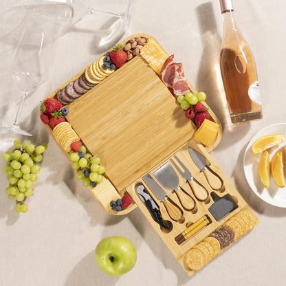 Cheese Board Gift Set with Built-in Storage Drawer, Bamboo Charcuterie Board Set with Cheese Knives, Slate Labels & Bottle Opener, Housewarming, Wedding