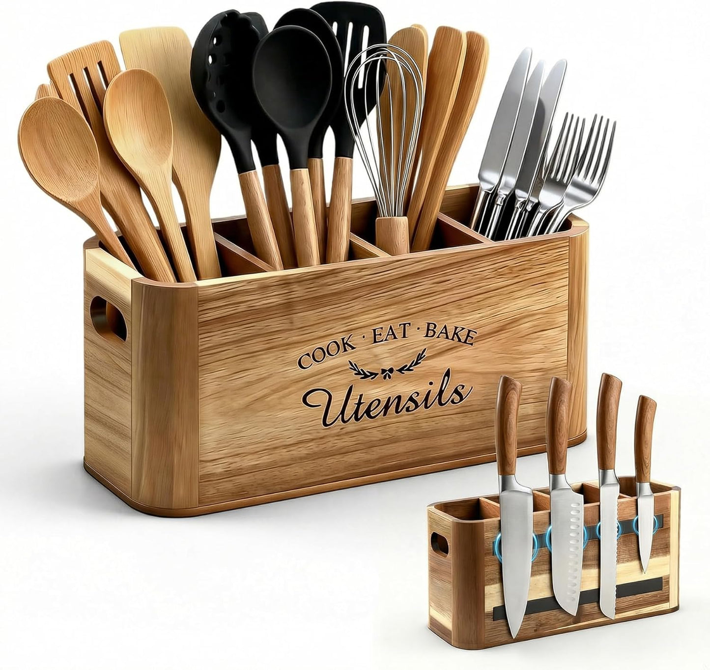 Acacia Wood Utensil Holder for Kitchen Countertop, Extra Large Wooden Utensil Organizer with Magnetic Knife Strip, 4 Compartment Farmhouse Kitchen Tool Caddy and Silverware Storage