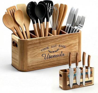 Acacia Wood Utensil Holder for Kitchen Countertop, Extra Large Wooden Utensil Organizer with Magnetic Knife Strip, 4 Compartment Farmhouse Kitchen Tool Caddy and Silverware Storage