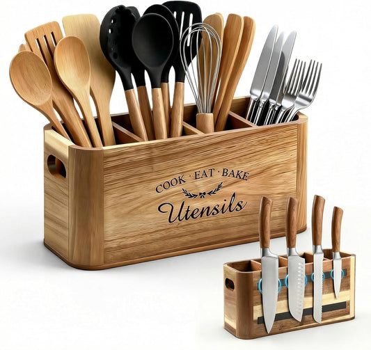 Acacia Wood Utensil Holder for Kitchen Countertop, Extra Large Wooden Utensil Organizer with Magnetic Knife Strip, 4 Compartment Farmhouse Kitchen Tool Caddy and Silverware Storage