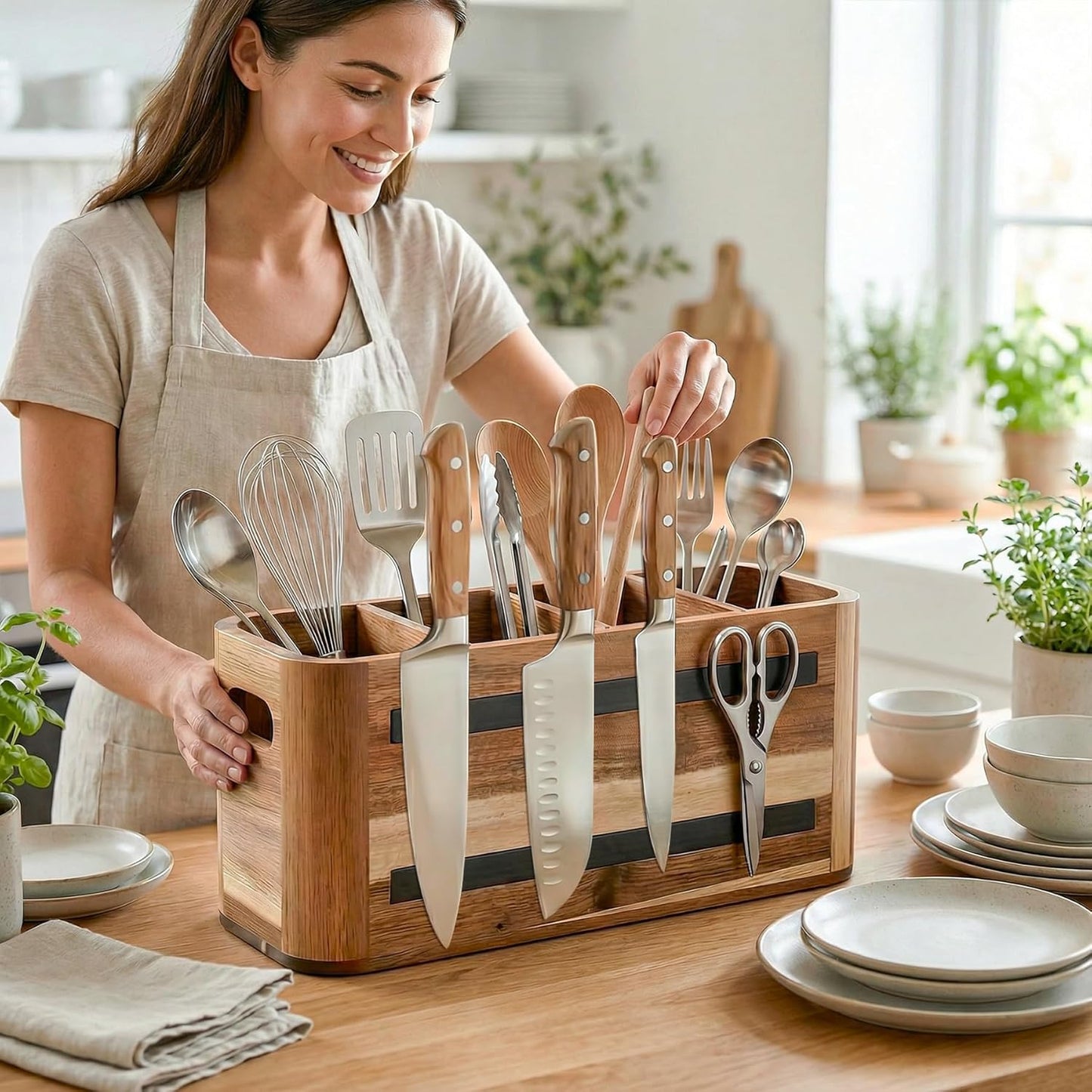 Acacia Wood Utensil Holder for Kitchen Countertop, Extra Large Wooden Utensil Organizer with Magnetic Knife Strip, 4 Compartment Farmhouse Kitchen Tool Caddy and Silverware Storage