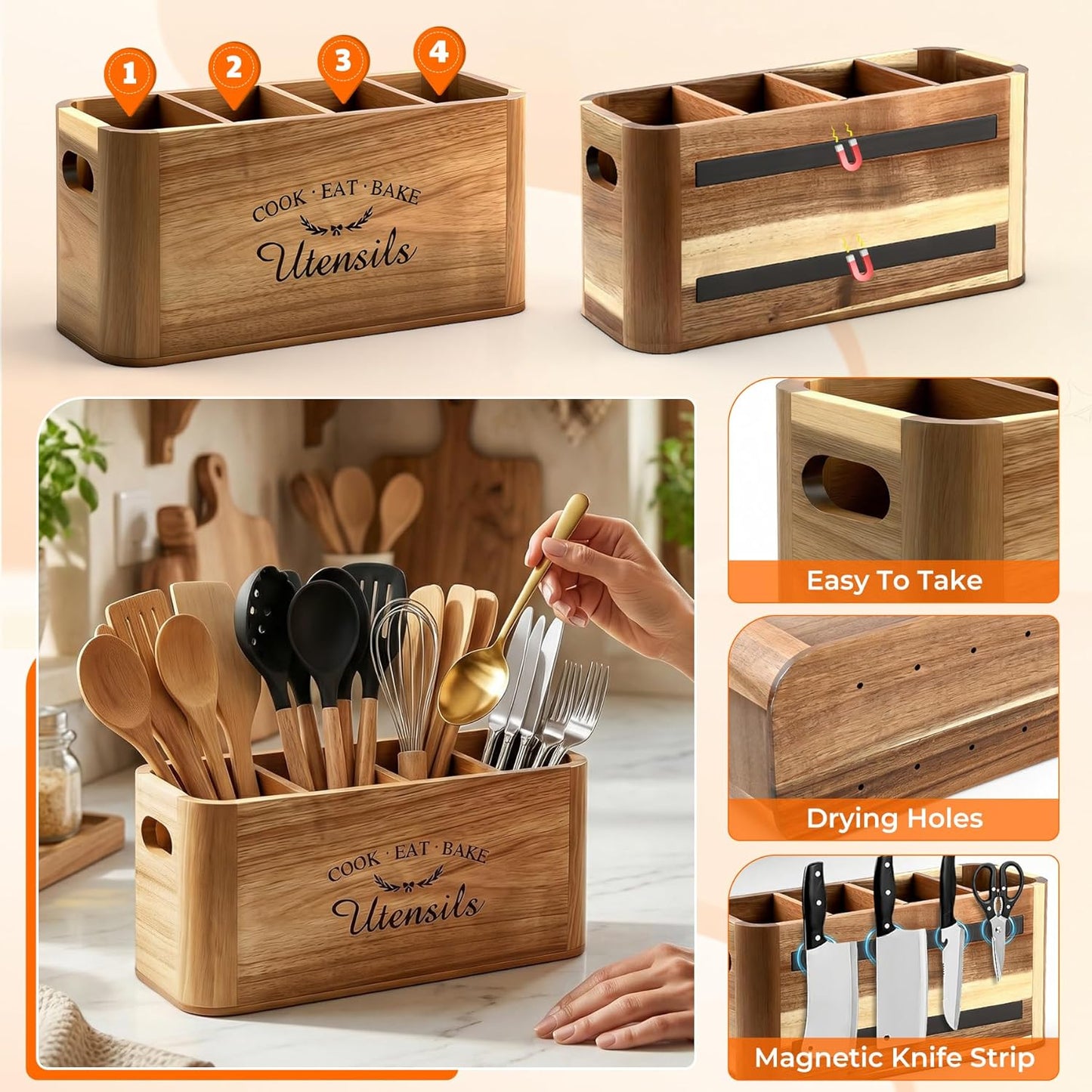 Acacia Wood Utensil Holder for Kitchen Countertop, Extra Large Wooden Utensil Organizer with Magnetic Knife Strip, 4 Compartment Farmhouse Kitchen Tool Caddy and Silverware Storage