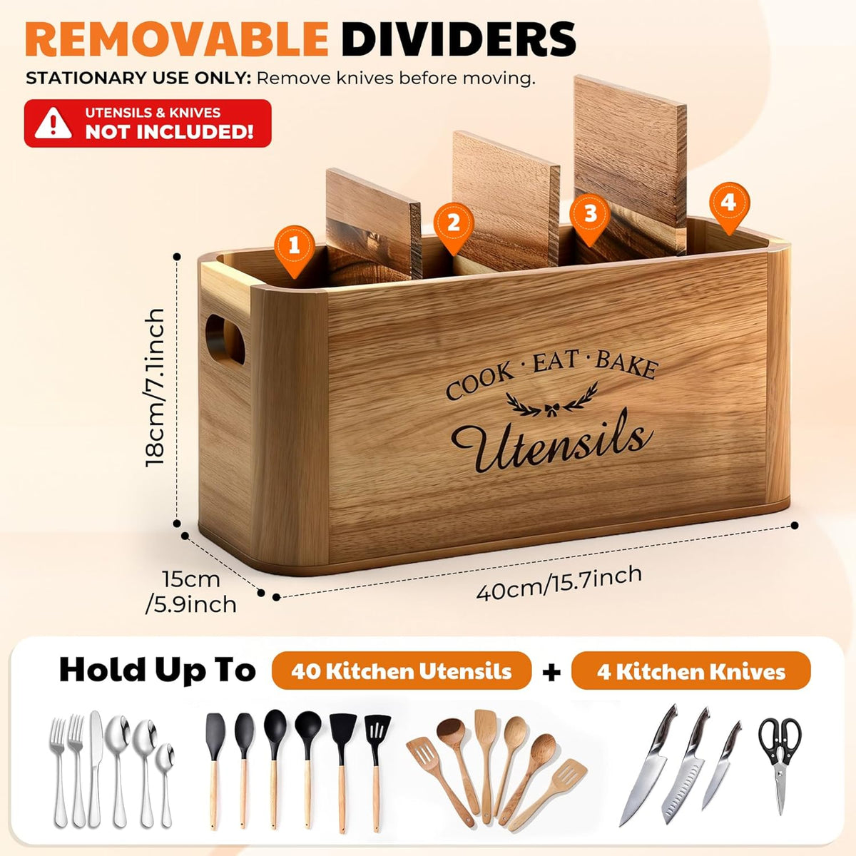 Acacia Wood Utensil Holder for Kitchen Countertop, Extra Large Wooden Utensil Organizer with Magnetic Knife Strip, 4 Compartment Farmhouse Kitchen Tool Caddy and Silverware Storage