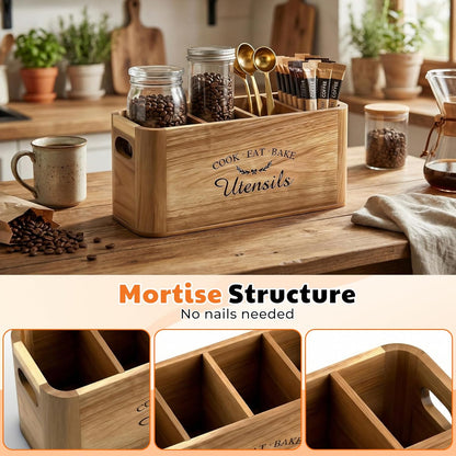 Acacia Wood Utensil Holder for Kitchen Countertop, Extra Large Wooden Utensil Organizer with Magnetic Knife Strip, 4 Compartment Farmhouse Kitchen Tool Caddy and Silverware Storage