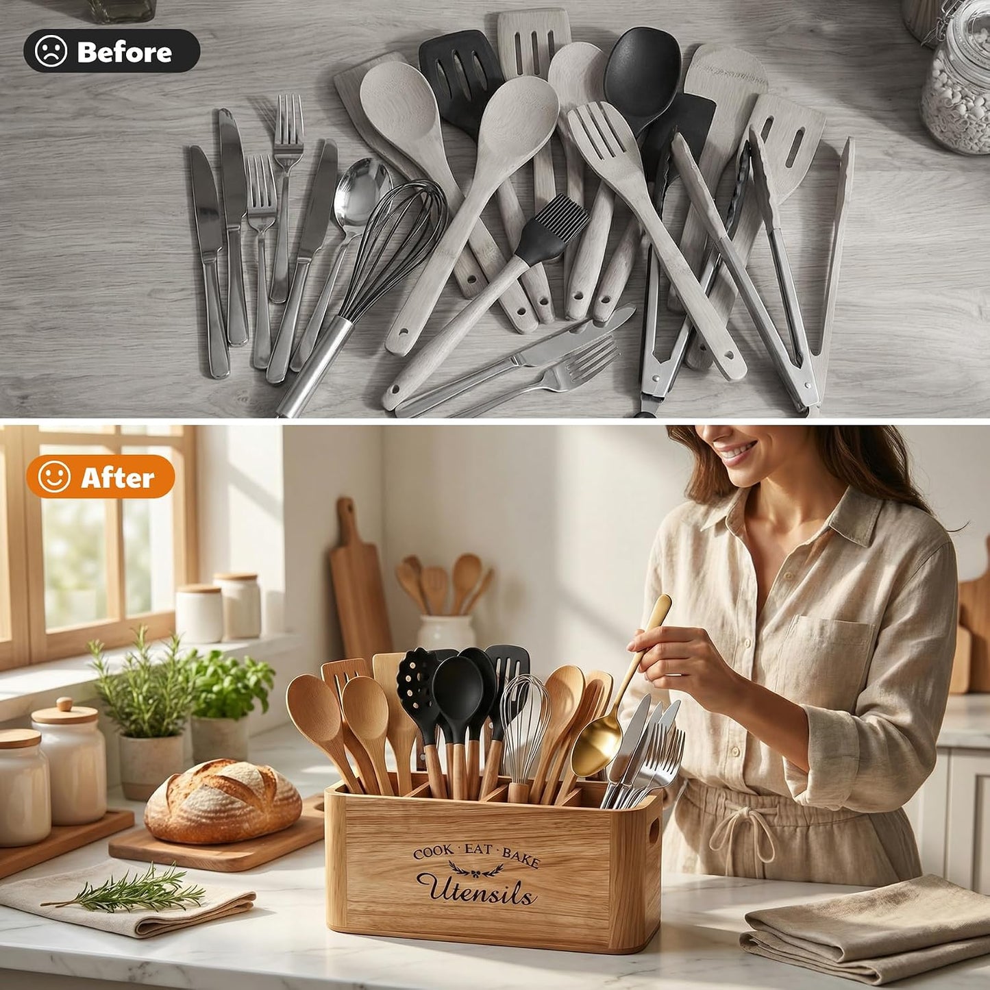 Acacia Wood Utensil Holder for Kitchen Countertop, Extra Large Wooden Utensil Organizer with Magnetic Knife Strip, 4 Compartment Farmhouse Kitchen Tool Caddy and Silverware Storage
