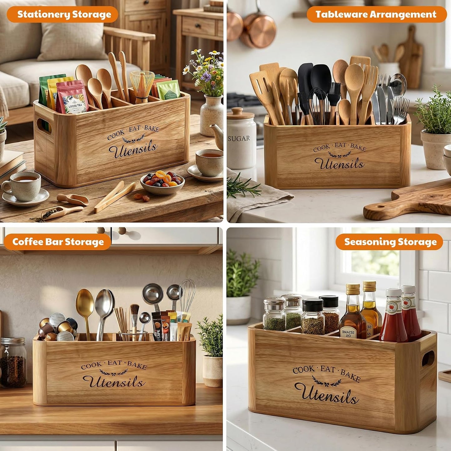 Acacia Wood Utensil Holder for Kitchen Countertop, Extra Large Wooden Utensil Organizer with Magnetic Knife Strip, 4 Compartment Farmhouse Kitchen Tool Caddy and Silverware Storage