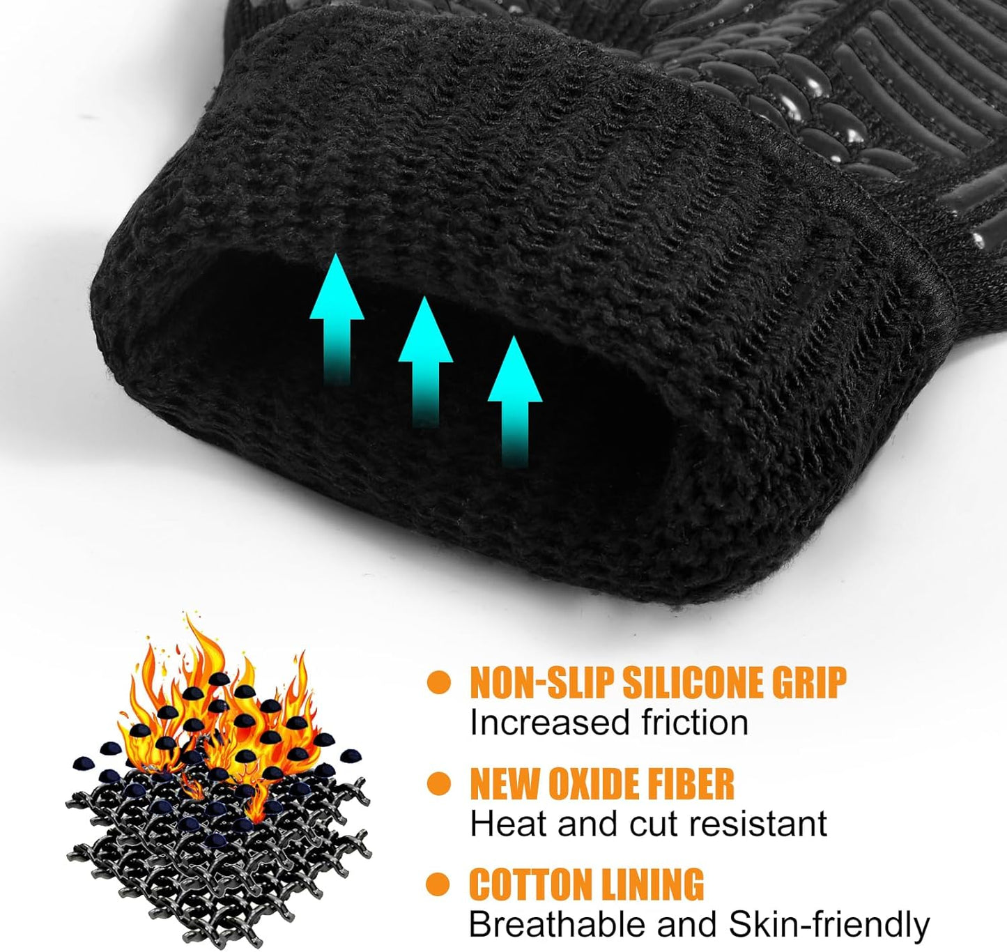 BBQ Gloves, Oven Gloves, 1472°F Extreme Heat Resistant Barbecue Gloves, Silicone Non-Slip Oven Mitts, Kitchen for Cooking, Grilling, and Baking