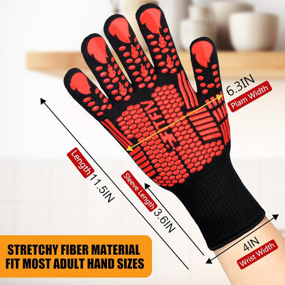 BBQ Gloves, Oven Gloves, 1472°F Extreme Heat Resistant Barbecue Gloves, Silicone Non-Slip Oven Mitts, Kitchen for Cooking, Grilling, and Baking