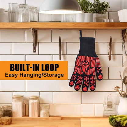 BBQ Gloves, Oven Gloves, 1472°F Extreme Heat Resistant Barbecue Gloves, Silicone Non-Slip Oven Mitts, Kitchen for Cooking, Grilling, and Baking