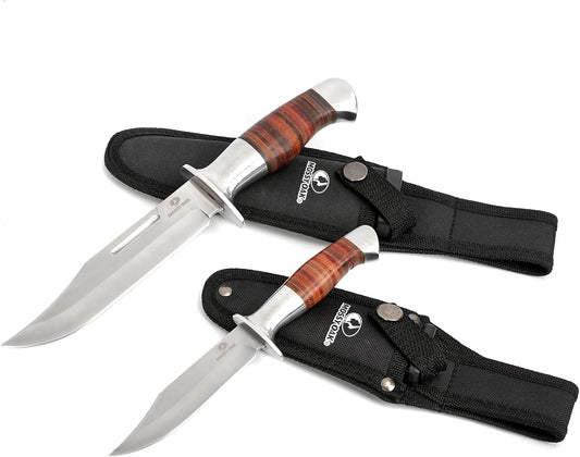 Fixed Blade Bowie Knife | 2-piece Hunting Knife with Leather Handle Featuring Laser Pattern, Sheath Included