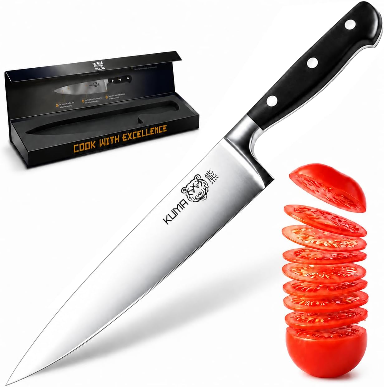 8 Inch Chef Knife, Razor Sharp Stainless Steel Blade with Gift Box | Ergonomic handle; balanced control; multipurpose prep for vegetables, herbs, fruit and boneless meats