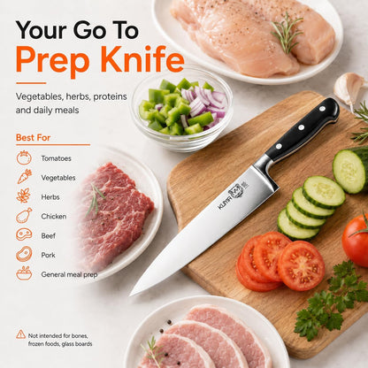 8 Inch Chef Knife, Razor Sharp Stainless Steel Blade with Gift Box | Ergonomic handle; balanced control; multipurpose prep for vegetables, herbs, fruit and boneless meats
