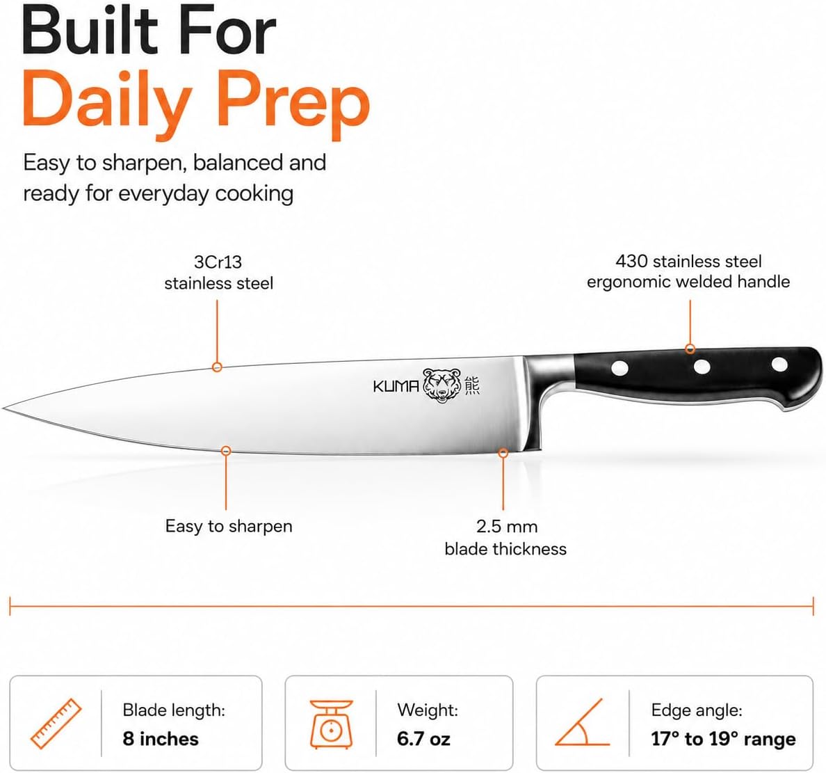8 Inch Chef Knife, Razor Sharp Stainless Steel Blade with Gift Box | Ergonomic handle; balanced control; multipurpose prep for vegetables, herbs, fruit and boneless meats