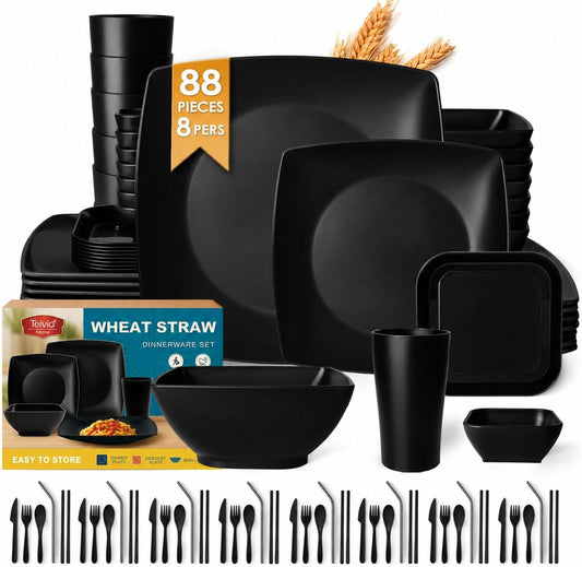 88-piece With Flatware Plastic Kitchen Wheat Straw Square Dinnerware Set for 8, Unbreakable Dinner/Salad/Appetizer Plates, Snack Bowls, Dipping Sauce Cups,Tumblers, Dishwasher Safe Dish,Black