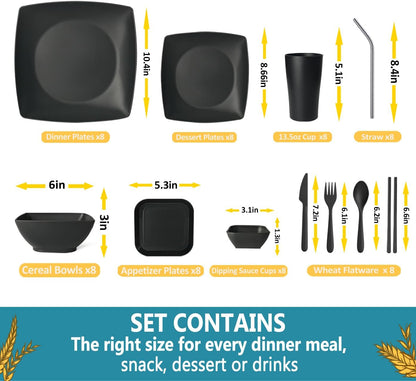 88-piece With Flatware Plastic Kitchen Wheat Straw Square Dinnerware Set for 8, Unbreakable Dinner/Salad/Appetizer Plates, Snack Bowls, Dipping Sauce Cups,Tumblers, Dishwasher Safe Dish,Black