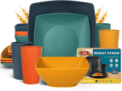 88-piece With Flatware Plastic Kitchen Wheat Straw Square Dinnerware Set for 8, Unbreakable Dinner/Salad/Appetizer Plates, Snack Bowls, Dipping Sauce Cups,Tumblers, Dishwasher Safe Dish,Black
