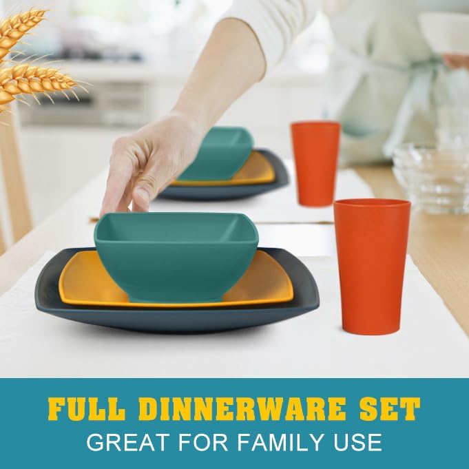88-piece With Flatware Plastic Kitchen Wheat Straw Square Dinnerware Set for 8, Unbreakable Dinner/Salad/Appetizer Plates, Snack Bowls, Dipping Sauce Cups,Tumblers, Dishwasher Safe Dish,Black