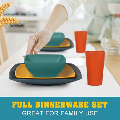 88-piece With Flatware Plastic Kitchen Wheat Straw Square Dinnerware Set for 8, Unbreakable Dinner/Salad/Appetizer Plates, Snack Bowls, Dipping Sauce Cups,Tumblers, Dishwasher Safe Dish,Black