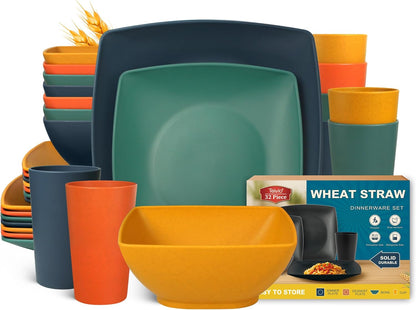 88-piece With Flatware Plastic Kitchen Wheat Straw Square Dinnerware Set for 8, Unbreakable Dinner/Salad/Appetizer Plates, Snack Bowls, Dipping Sauce Cups,Tumblers, Dishwasher Safe Dish,Black