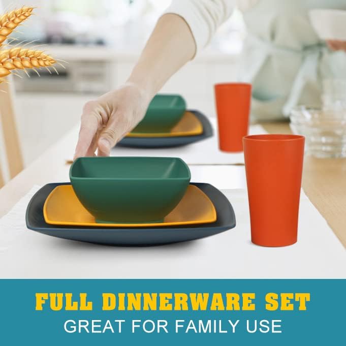 88-piece With Flatware Plastic Kitchen Wheat Straw Square Dinnerware Set for 8, Unbreakable Dinner/Salad/Appetizer Plates, Snack Bowls, Dipping Sauce Cups,Tumblers, Dishwasher Safe Dish,Black