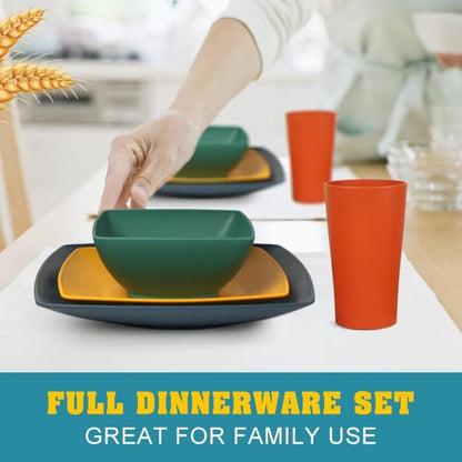 88-piece With Flatware Plastic Kitchen Wheat Straw Square Dinnerware Set for 8, Unbreakable Dinner/Salad/Appetizer Plates, Snack Bowls, Dipping Sauce Cups,Tumblers, Dishwasher Safe Dish,Black