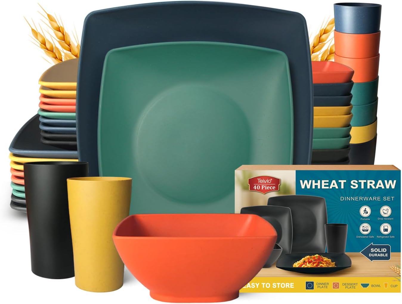 88-piece With Flatware Plastic Kitchen Wheat Straw Square Dinnerware Set for 8, Unbreakable Dinner/Salad/Appetizer Plates, Snack Bowls, Dipping Sauce Cups,Tumblers, Dishwasher Safe Dish,Black