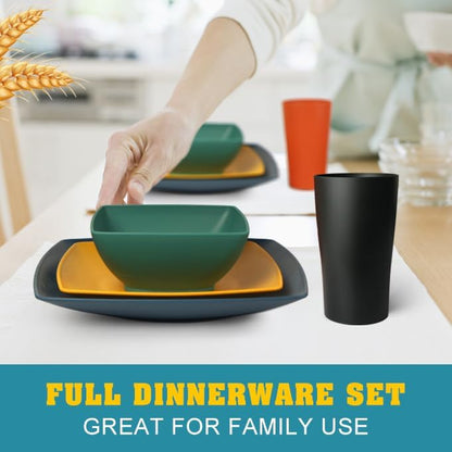 88-piece With Flatware Plastic Kitchen Wheat Straw Square Dinnerware Set for 8, Unbreakable Dinner/Salad/Appetizer Plates, Snack Bowls, Dipping Sauce Cups,Tumblers, Dishwasher Safe Dish,Black