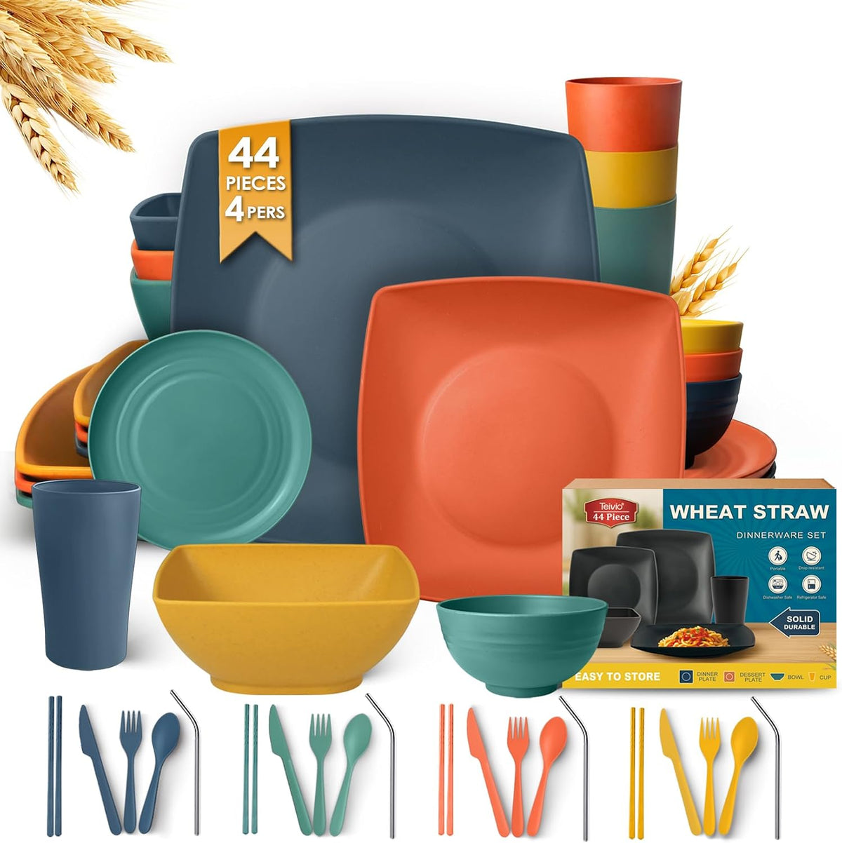 88-piece With Flatware Plastic Kitchen Wheat Straw Square Dinnerware Set for 8, Unbreakable Dinner/Salad/Appetizer Plates, Snack Bowls, Dipping Sauce Cups,Tumblers, Dishwasher Safe Dish,Black