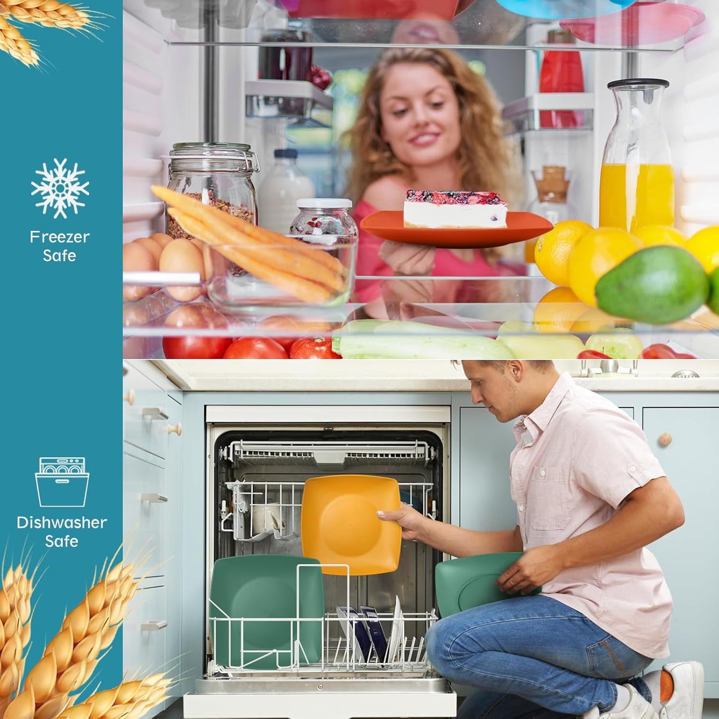 88-piece With Flatware Plastic Kitchen Wheat Straw Square Dinnerware Set for 8, Unbreakable Dinner/Salad/Appetizer Plates, Snack Bowls, Dipping Sauce Cups,Tumblers, Dishwasher Safe Dish,Black