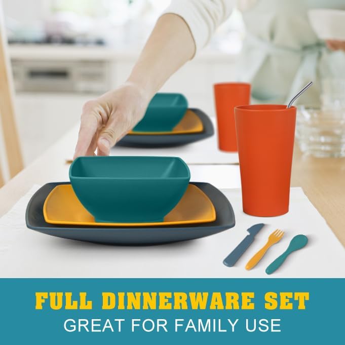88-piece With Flatware Plastic Kitchen Wheat Straw Square Dinnerware Set for 8, Unbreakable Dinner/Salad/Appetizer Plates, Snack Bowls, Dipping Sauce Cups,Tumblers, Dishwasher Safe Dish,Black