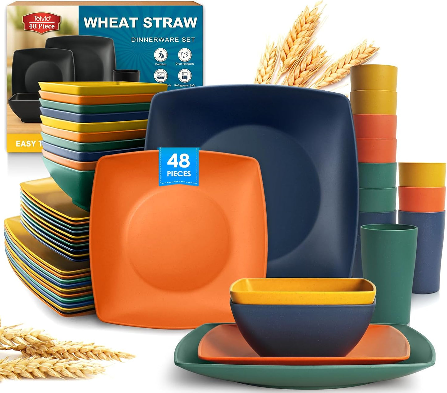 88-piece With Flatware Plastic Kitchen Wheat Straw Square Dinnerware Set for 8, Unbreakable Dinner/Salad/Appetizer Plates, Snack Bowls, Dipping Sauce Cups,Tumblers, Dishwasher Safe Dish,Black