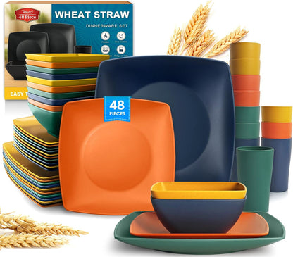 88-piece With Flatware Plastic Kitchen Wheat Straw Square Dinnerware Set for 8, Unbreakable Dinner/Salad/Appetizer Plates, Snack Bowls, Dipping Sauce Cups,Tumblers, Dishwasher Safe Dish,Black