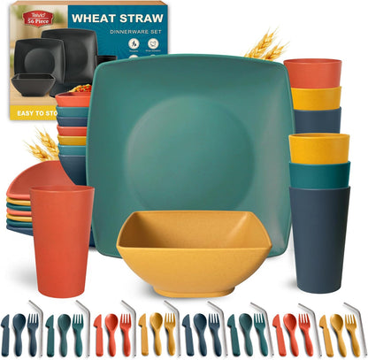 88-piece With Flatware Plastic Kitchen Wheat Straw Square Dinnerware Set for 8, Unbreakable Dinner/Salad/Appetizer Plates, Snack Bowls, Dipping Sauce Cups,Tumblers, Dishwasher Safe Dish,Black
