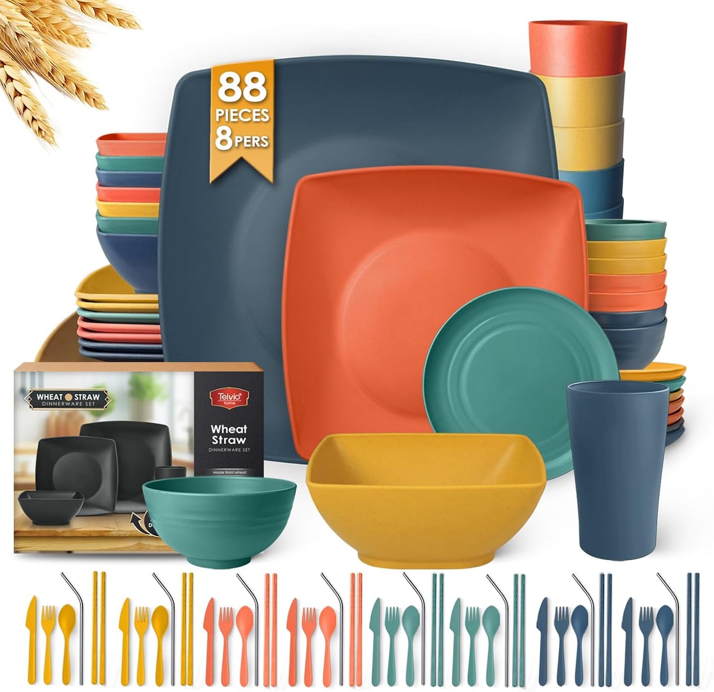 88-piece With Flatware Plastic Kitchen Wheat Straw Square Dinnerware Set for 8, Unbreakable Dinner/Salad/Appetizer Plates, Snack Bowls, Dipping Sauce Cups,Tumblers, Dishwasher Safe Dish,Black