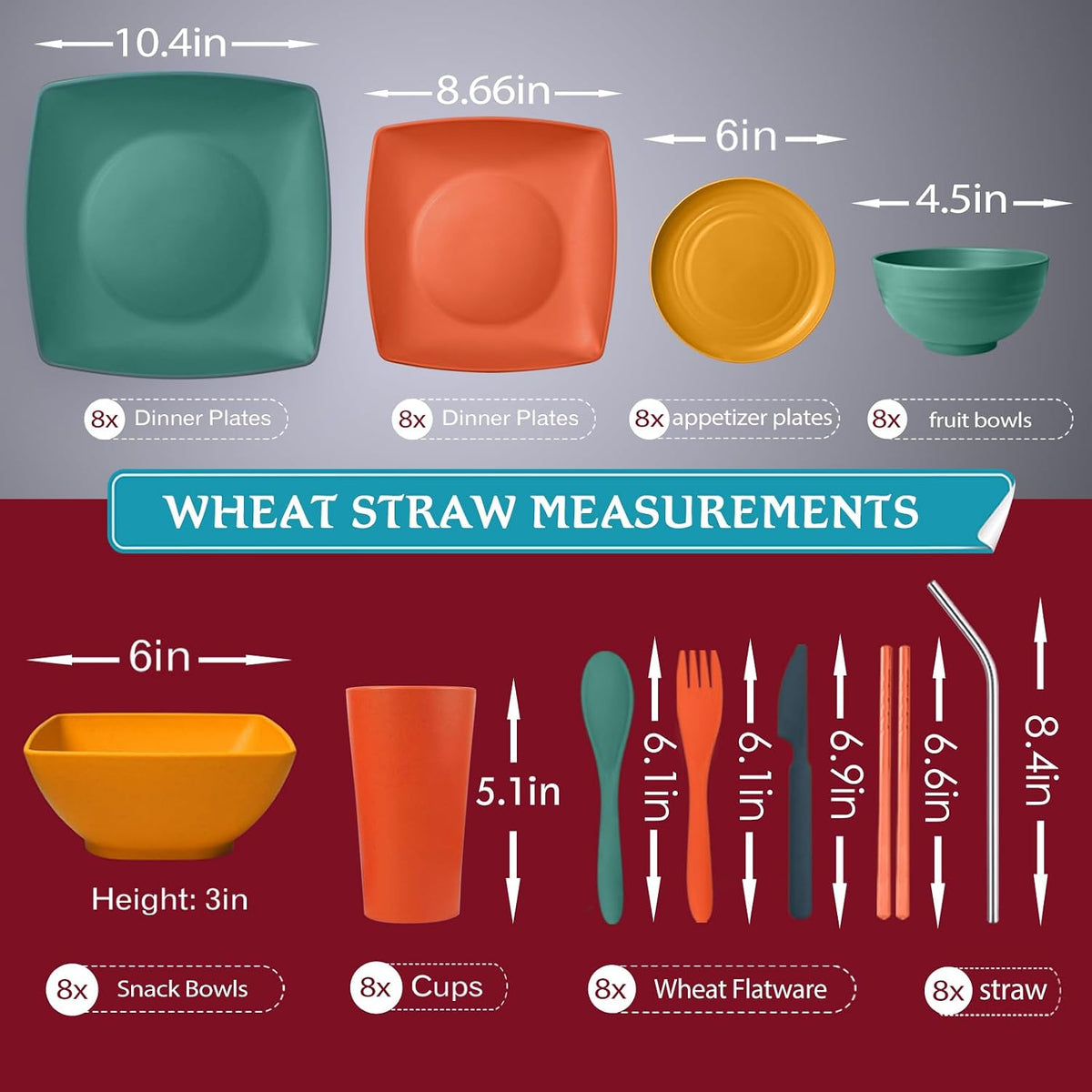 88-piece With Flatware Plastic Kitchen Wheat Straw Square Dinnerware Set for 8, Unbreakable Dinner/Salad/Appetizer Plates, Snack Bowls, Dipping Sauce Cups,Tumblers, Dishwasher Safe Dish,Black